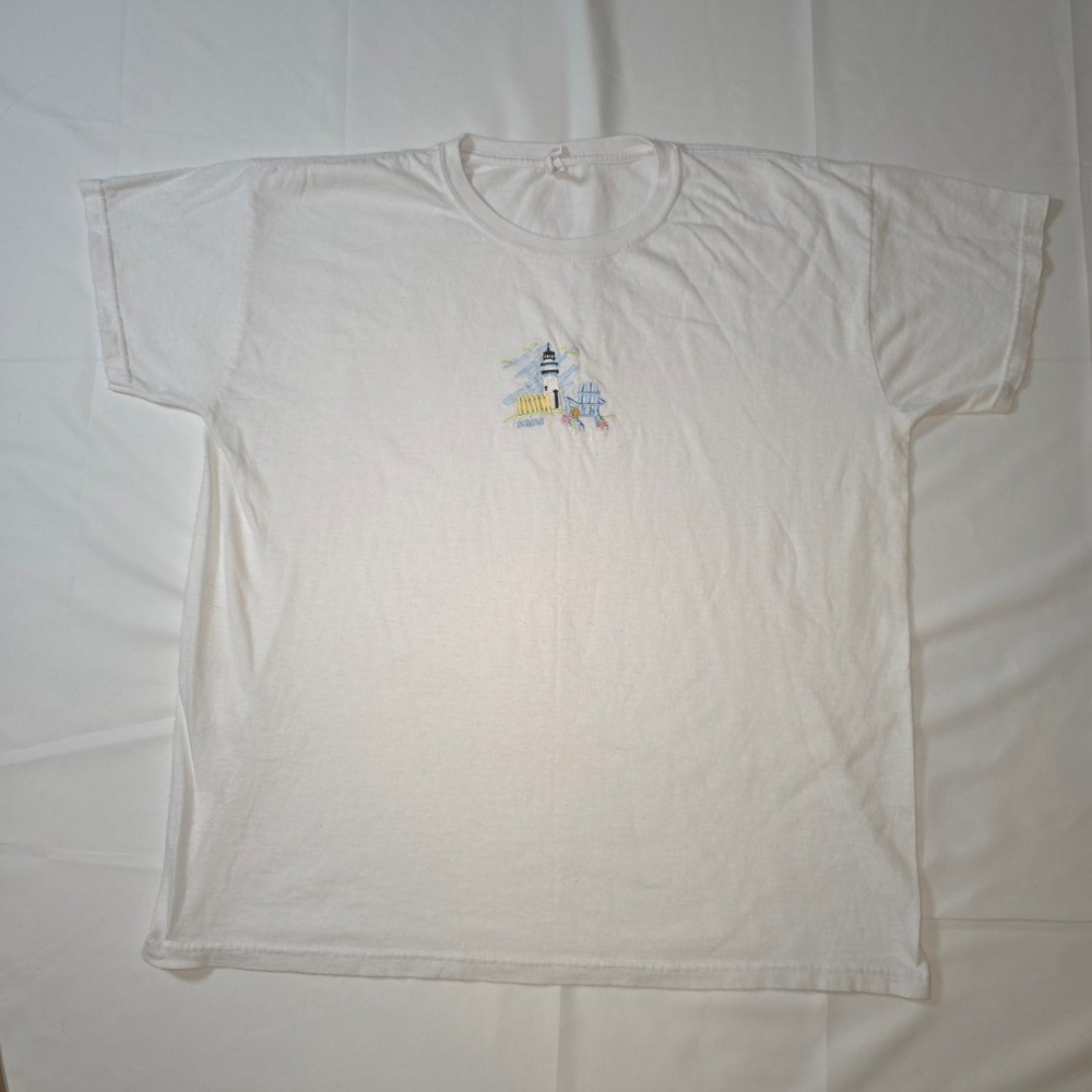 Anvil Maine Lighthouse Embroidered White T-Shirt XL Coastal Nautical Tee - Picture 2 of 7